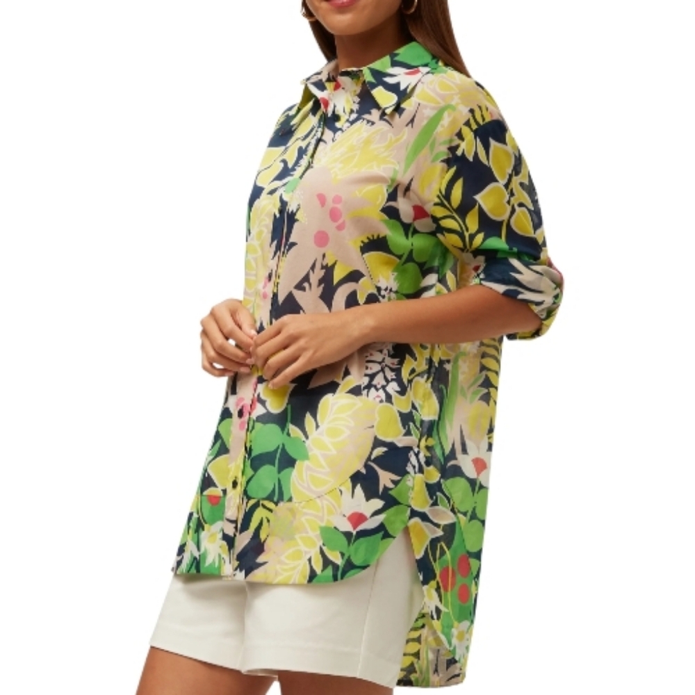 Trina Turk Floral Button Front Top in Cotton Voile High-low  Hem Women"s XL